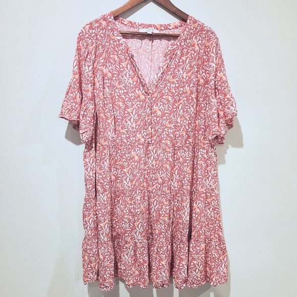 LOFT Dresses & Skirts - Loft Plus Womens Pink Bird Novelty Tiered Dress Size 16 Feminine Soft Girl Boho